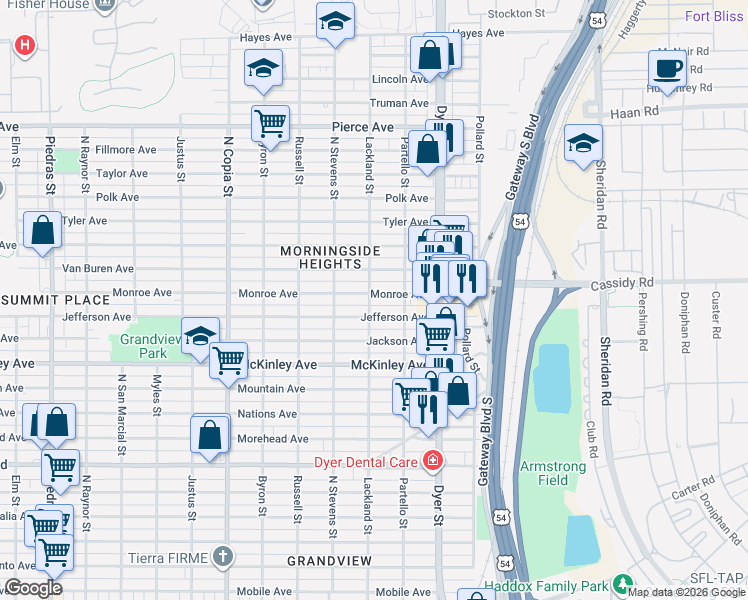 map of restaurants, bars, coffee shops, grocery stores, and more near 3800 Monroe Avenue in El Paso