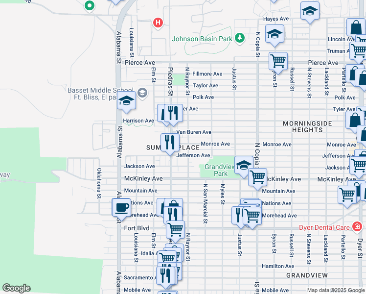 map of restaurants, bars, coffee shops, grocery stores, and more near 3922 North Piedras Street in El Paso