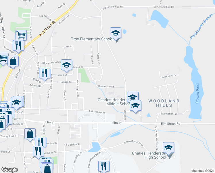 map of restaurants, bars, coffee shops, grocery stores, and more near 664 Henderson Drive in Troy