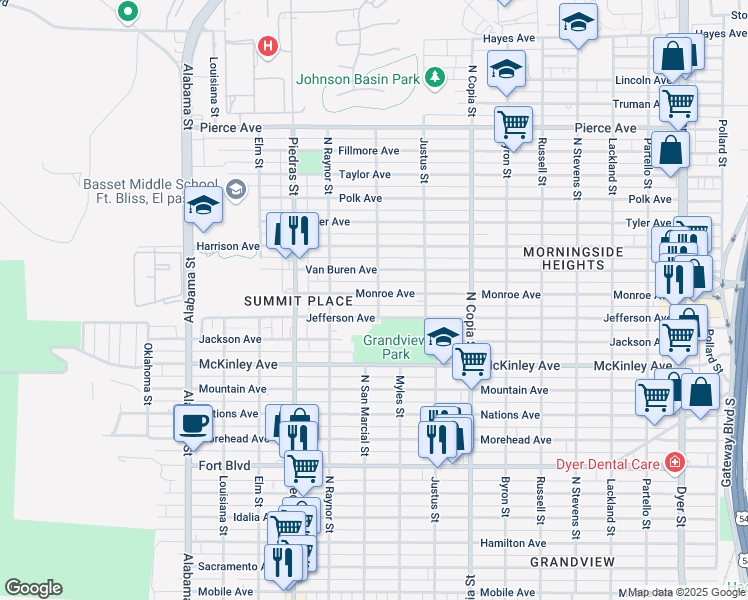 map of restaurants, bars, coffee shops, grocery stores, and more near 3040 Monroe Avenue in El Paso