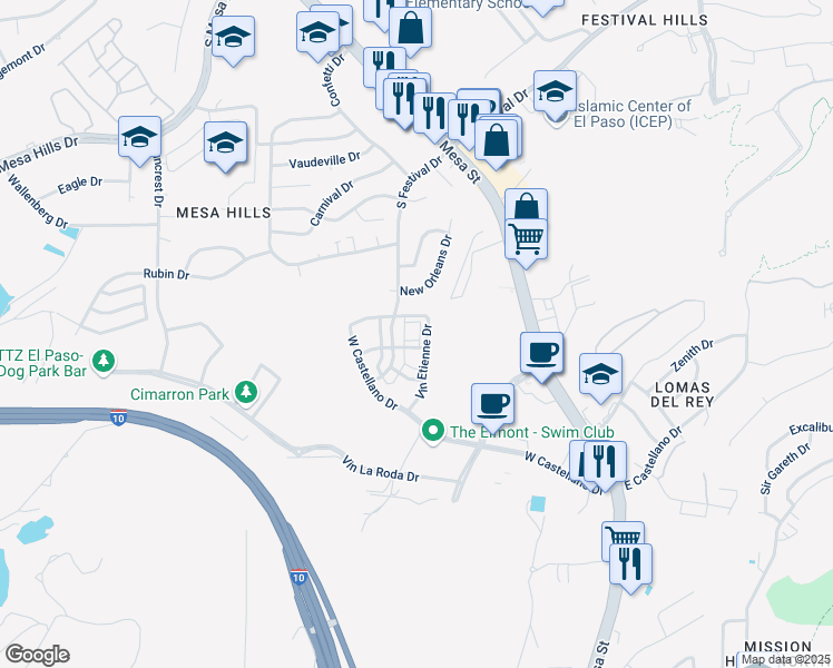 map of restaurants, bars, coffee shops, grocery stores, and more near 324 Vin Marbella Drive in El Paso
