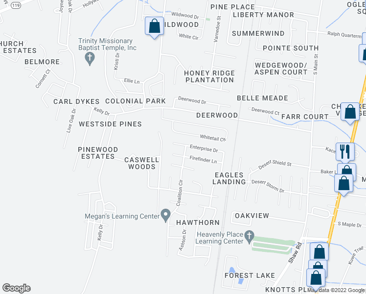 map of restaurants, bars, coffee shops, grocery stores, and more near 1470 Enterprise Drive in Hinesville