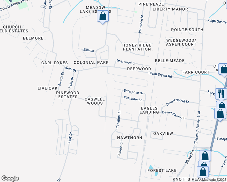 map of restaurants, bars, coffee shops, grocery stores, and more near 1478 Enterprise Drive in Hinesville