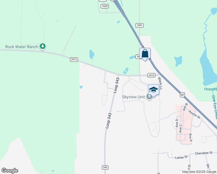 map of restaurants, bars, coffee shops, grocery stores, and more near 303 Summer Breeze Street in Rusk