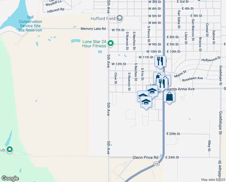 map of restaurants, bars, coffee shops, grocery stores, and more near 814 West 15th Street in Coleman