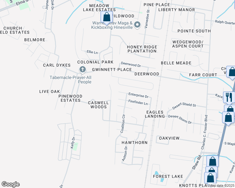map of restaurants, bars, coffee shops, grocery stores, and more near 1478 Enterprise Drive in Hinesville