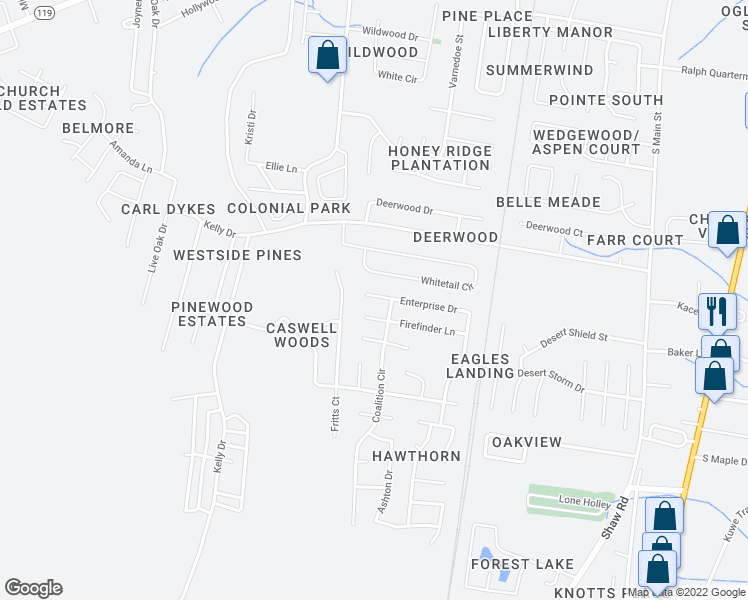 map of restaurants, bars, coffee shops, grocery stores, and more near 1474 Enterprise Drive in Hinesville