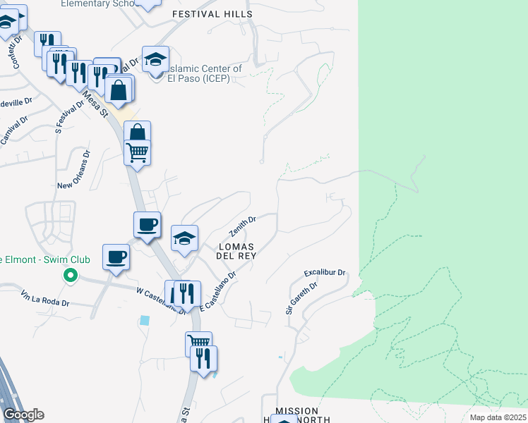 map of restaurants, bars, coffee shops, grocery stores, and more near 317 Zenith Drive in El Paso