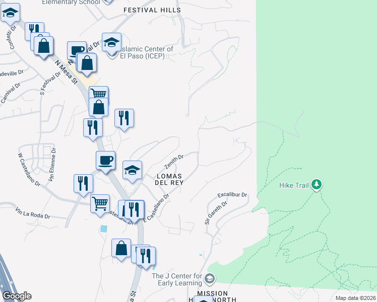 map of restaurants, bars, coffee shops, grocery stores, and more near 317 Zenith Drive in El Paso