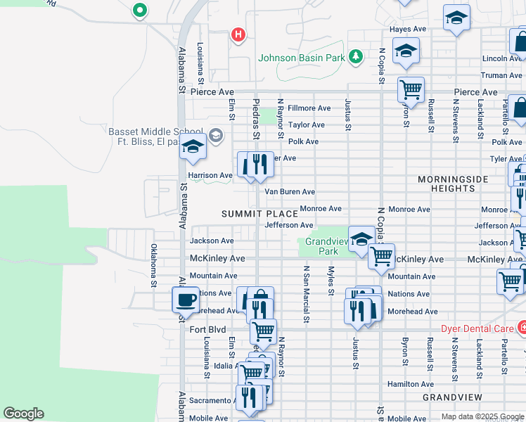map of restaurants, bars, coffee shops, grocery stores, and more near 3922 North Piedras Street in El Paso