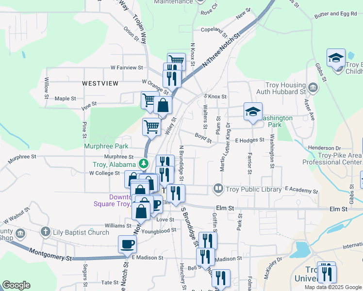 map of restaurants, bars, coffee shops, grocery stores, and more near 101 Adams Street in Troy