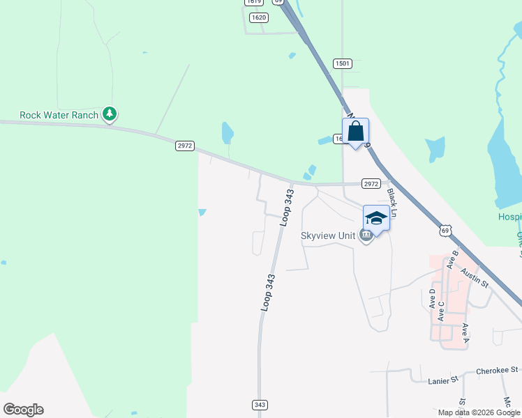 map of restaurants, bars, coffee shops, grocery stores, and more near 303 Summer Breeze Street in Rusk