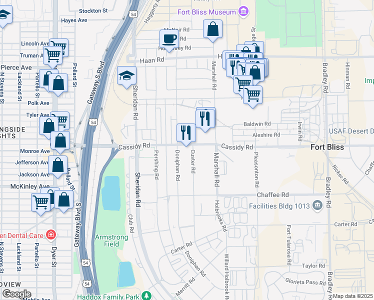map of restaurants, bars, coffee shops, grocery stores, and more near Cassidy Road in Fort Bliss