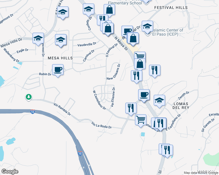 map of restaurants, bars, coffee shops, grocery stores, and more near 416 South Festival Drive in El Paso