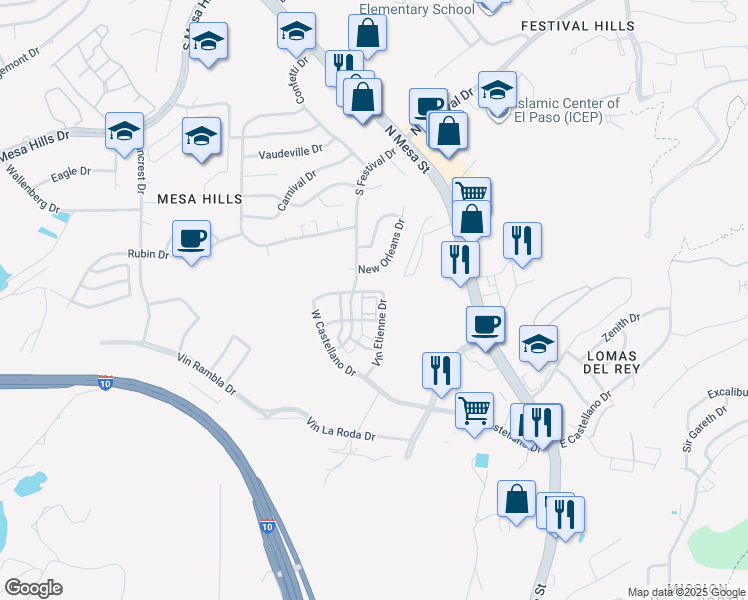 map of restaurants, bars, coffee shops, grocery stores, and more near 324 Vin Marbella Drive in El Paso