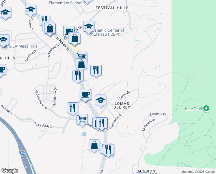 map of restaurants, bars, coffee shops, grocery stores, and more near 299 Kingspoint Drive in El Paso