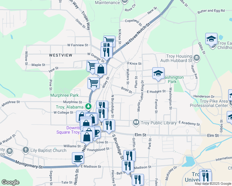 map of restaurants, bars, coffee shops, grocery stores, and more near 101-135 Adams Street in Troy