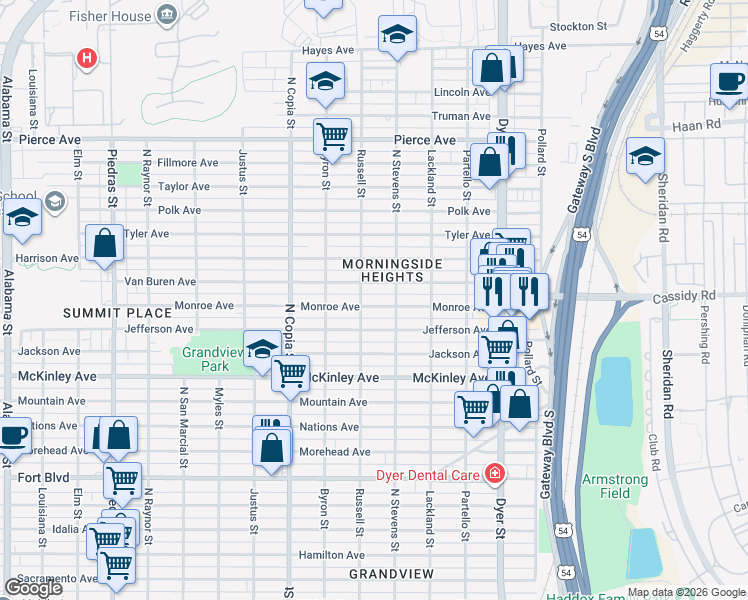 map of restaurants, bars, coffee shops, grocery stores, and more near 3600 Monroe Avenue in El Paso