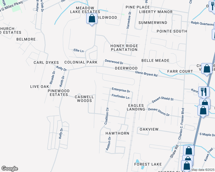 map of restaurants, bars, coffee shops, grocery stores, and more near 1473 Enterprise Drive in Hinesville