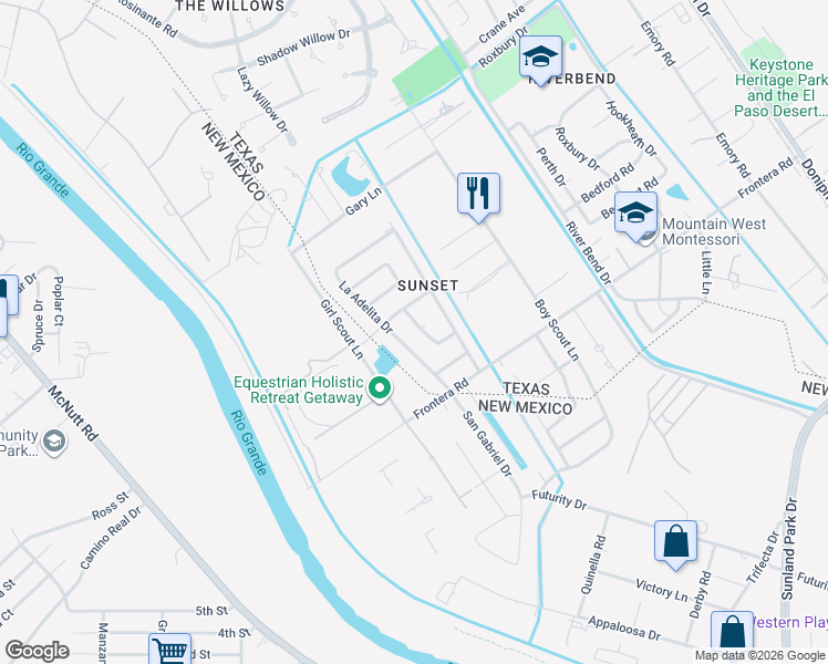 map of restaurants, bars, coffee shops, grocery stores, and more near 4128 La Brigada Lane in El Paso