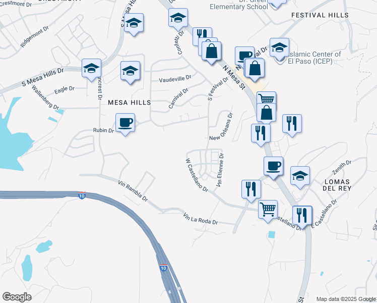 map of restaurants, bars, coffee shops, grocery stores, and more near 451 Vin Etienne Drive in El Paso