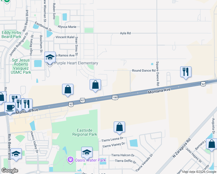 map of restaurants, bars, coffee shops, grocery stores, and more near 13181 Montana Avenue in El Paso
