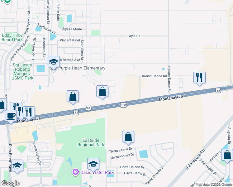map of restaurants, bars, coffee shops, grocery stores, and more near 13181 Montana Avenue in El Paso