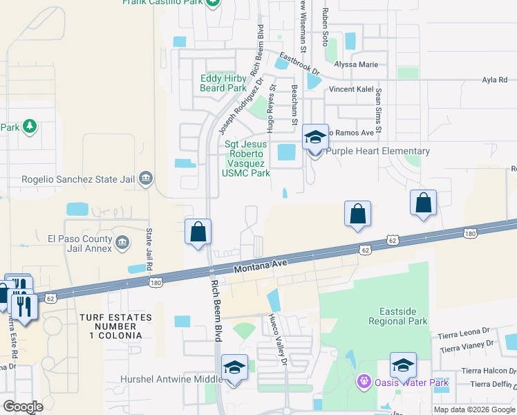 map of restaurants, bars, coffee shops, grocery stores, and more near Unnamed Road in El Paso