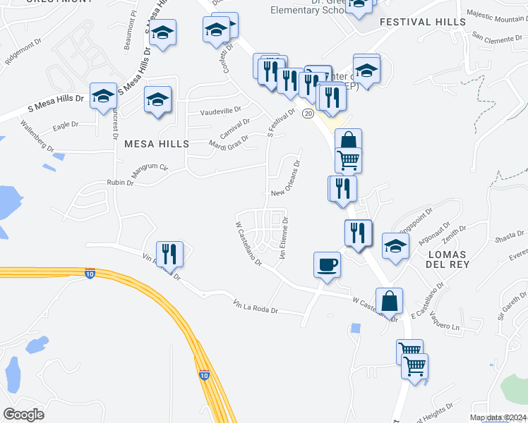 map of restaurants, bars, coffee shops, grocery stores, and more near 416 South Festival Drive in El Paso