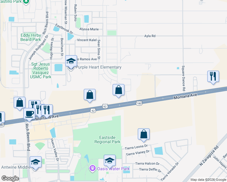 map of restaurants, bars, coffee shops, grocery stores, and more near 12953 Montana Avenue in El Paso