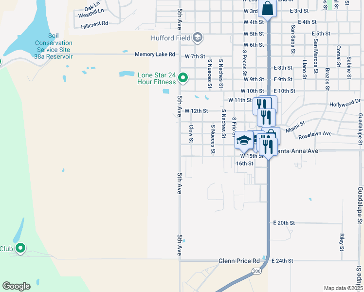map of restaurants, bars, coffee shops, grocery stores, and more near 814 West 15th Street in Coleman