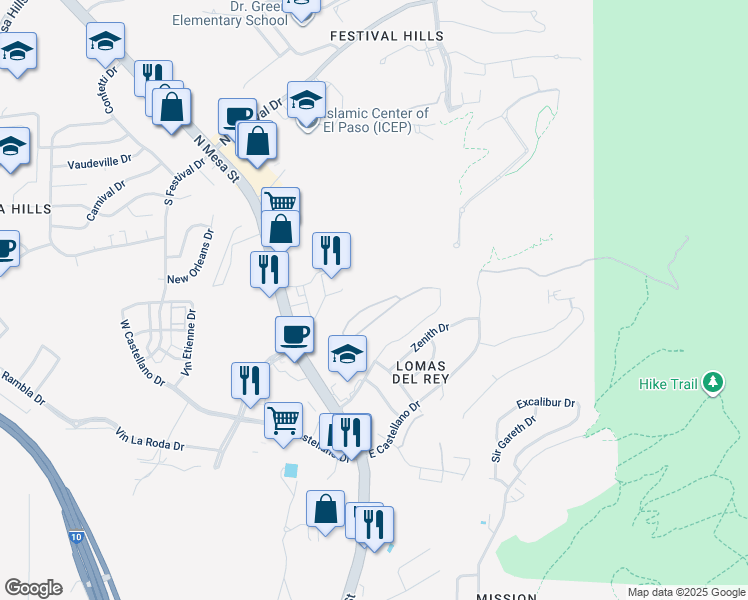 map of restaurants, bars, coffee shops, grocery stores, and more near 299 Kingspoint Drive in El Paso