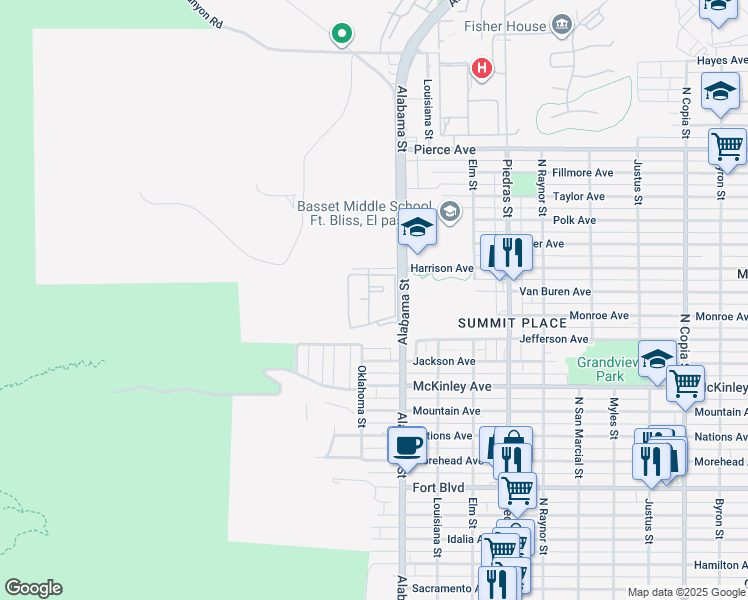 map of restaurants, bars, coffee shops, grocery stores, and more near 4011 Alabama Street in El Paso