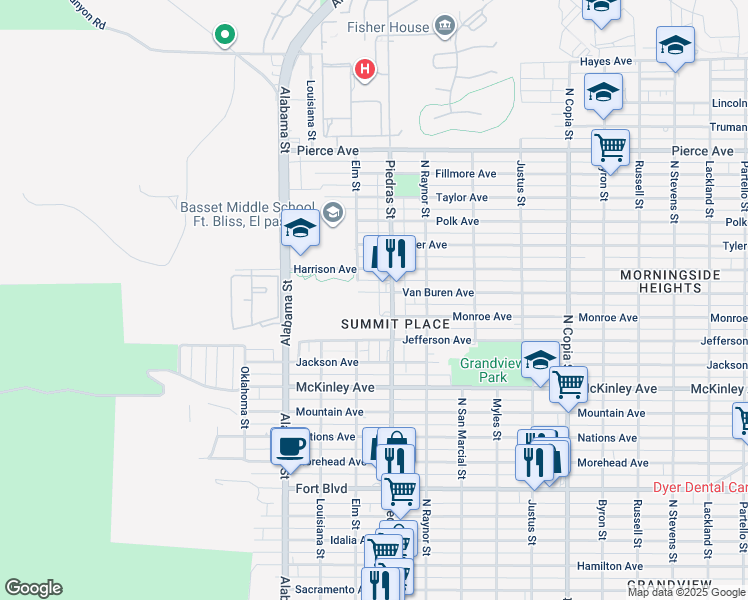 map of restaurants, bars, coffee shops, grocery stores, and more near 2811 Van Buren Avenue in El Paso
