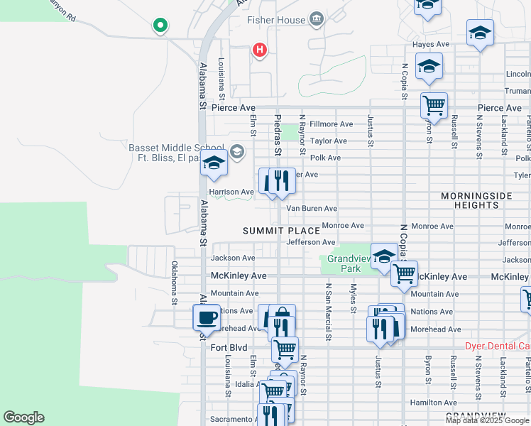 map of restaurants, bars, coffee shops, grocery stores, and more near 2811 Van Buren Avenue in El Paso