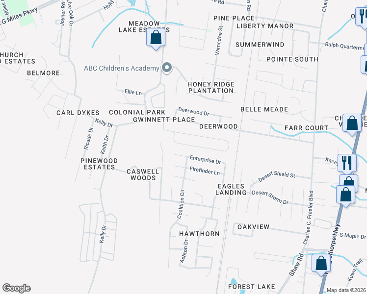 map of restaurants, bars, coffee shops, grocery stores, and more near 215 Whitetail Circle in Hinesville