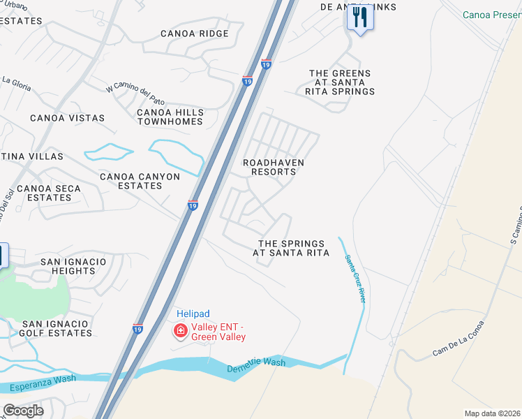 map of restaurants, bars, coffee shops, grocery stores, and more near 965 West Vía Del Placio in Green Valley