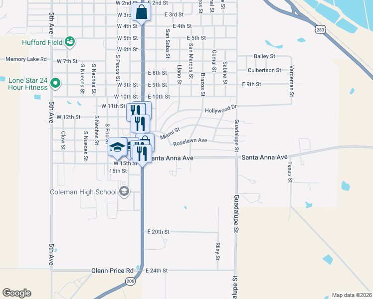 map of restaurants, bars, coffee shops, grocery stores, and more near 125 Roselawn Avenue in Coleman