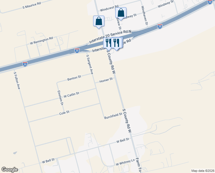 map of restaurants, bars, coffee shops, grocery stores, and more near 2618 South County Road West in Odessa
