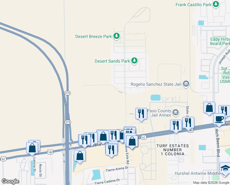 map of restaurants, bars, coffee shops, grocery stores, and more near 3901 Desert Dunes Drive in El Paso
