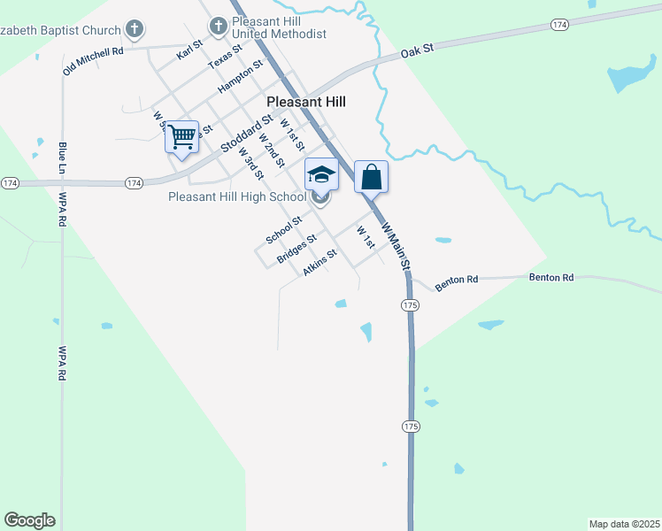 map of restaurants, bars, coffee shops, grocery stores, and more near 8543 Atkins Street in Pleasant Hill