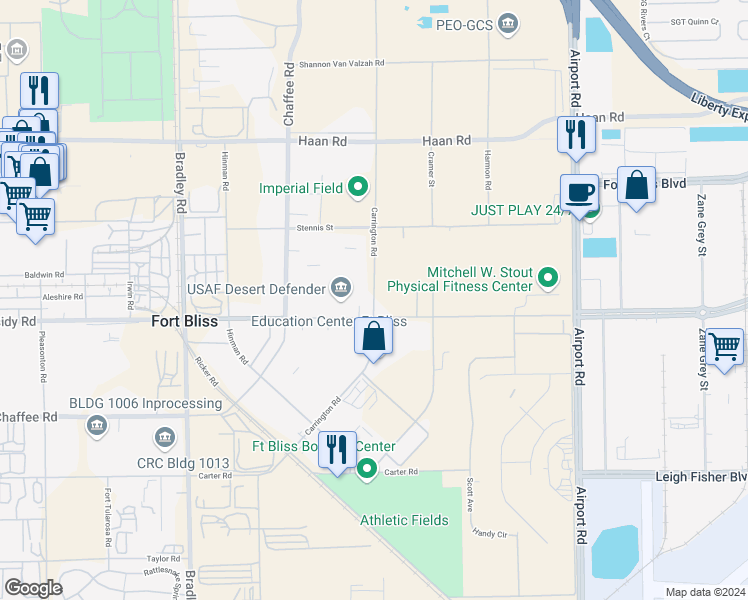 map of restaurants, bars, coffee shops, grocery stores, and more near Carrington Road in Fort Bliss