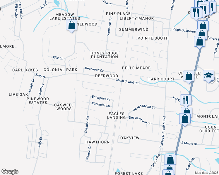 map of restaurants, bars, coffee shops, grocery stores, and more near 235 Whitetail Circle in Hinesville
