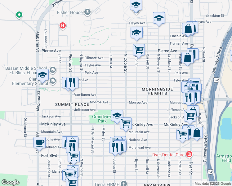 map of restaurants, bars, coffee shops, grocery stores, and more near 3309 Van Buren Avenue in El Paso