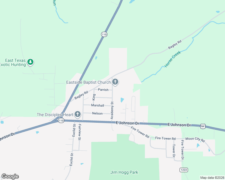 map of restaurants, bars, coffee shops, grocery stores, and more near 2036 Academy Street in Rusk