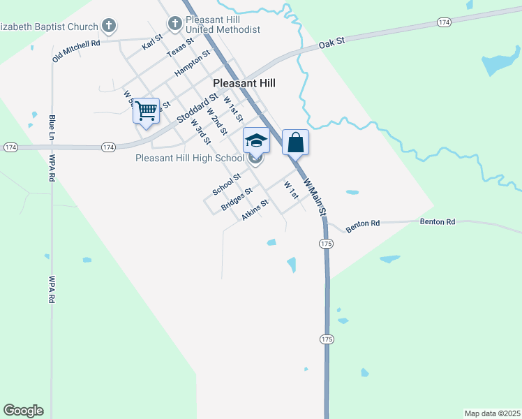 map of restaurants, bars, coffee shops, grocery stores, and more near 8543 Atkins Street in Pleasant Hill