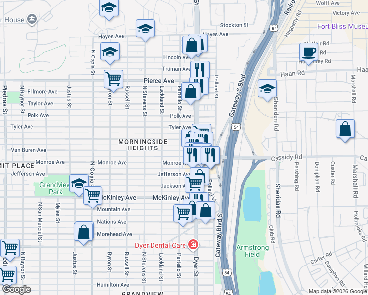 map of restaurants, bars, coffee shops, grocery stores, and more near 3900 Harrison Avenue in El Paso