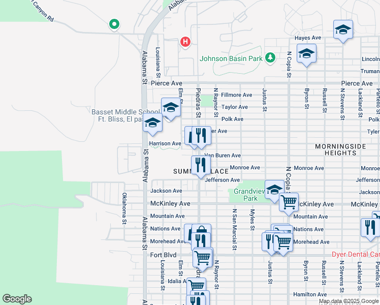map of restaurants, bars, coffee shops, grocery stores, and more near 2811 Van Buren Avenue in El Paso