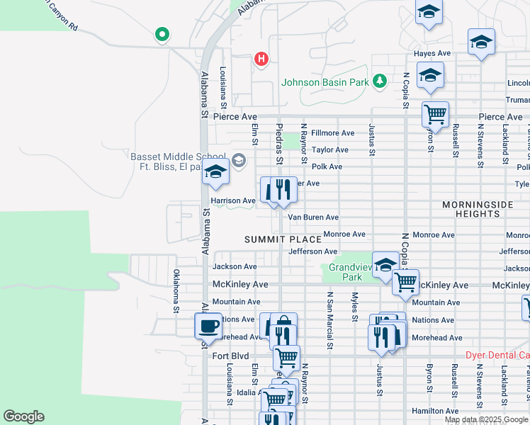 map of restaurants, bars, coffee shops, grocery stores, and more near 2811 Van Buren Avenue in El Paso
