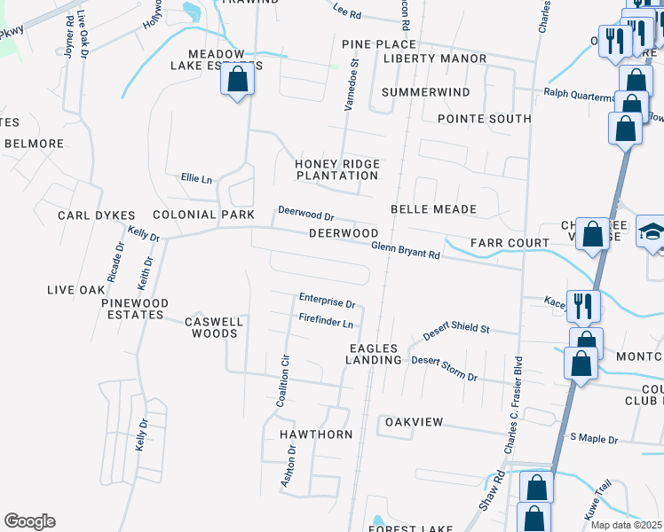 map of restaurants, bars, coffee shops, grocery stores, and more near 227 Whitetail Circle in Hinesville
